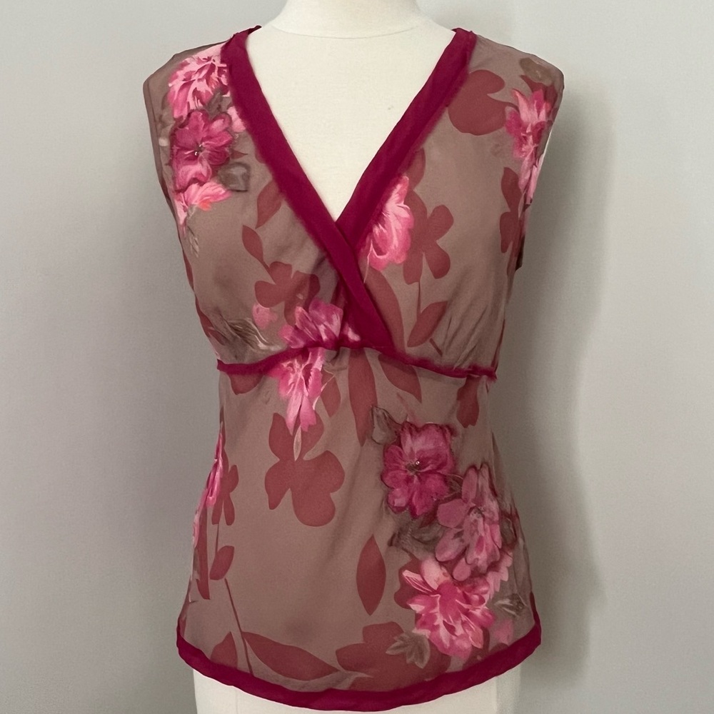 Monsoon Top Blouse Women's 10/12 L Sheer Floral Empire Waist Baby Doll Y2K Silk